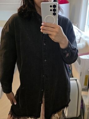 Missguided Black Denim Shirt Dress | Distressed Hem | Size 4